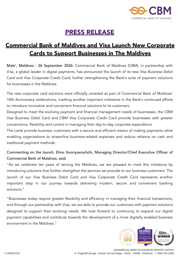 Commercial Bank of Maldives and Visa Launch New Corporate Cards